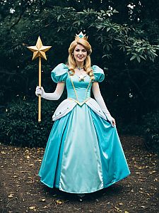 Woman in Princess Rosalina Costume Full Body Cosplay with Star Wand