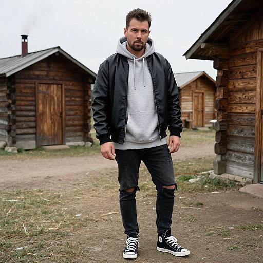 Casual Man Wearing Leather Jacket and Hoodie Outdoors by Wooden Cabins