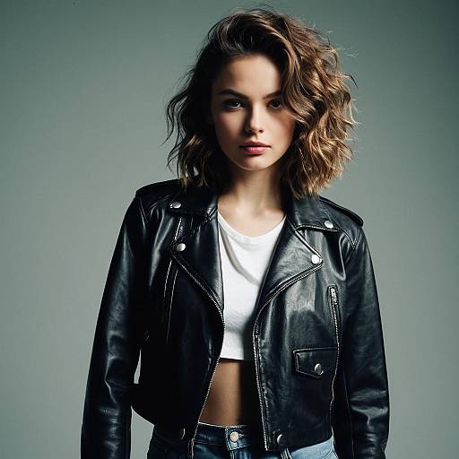Confident Young Woman Wearing Black Leather Jacket and White Crop Top