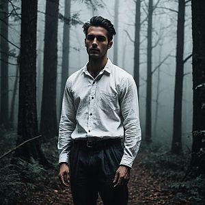 Man in Misty Forest - Serious Expression