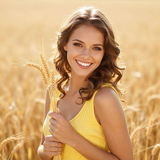Smiling Woman Holding Wheat in Golden Wheat Field