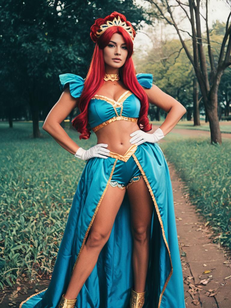 Sexy Priscilla Barielle Cosplay Woman in Blue and Gold Costume with Red Hair