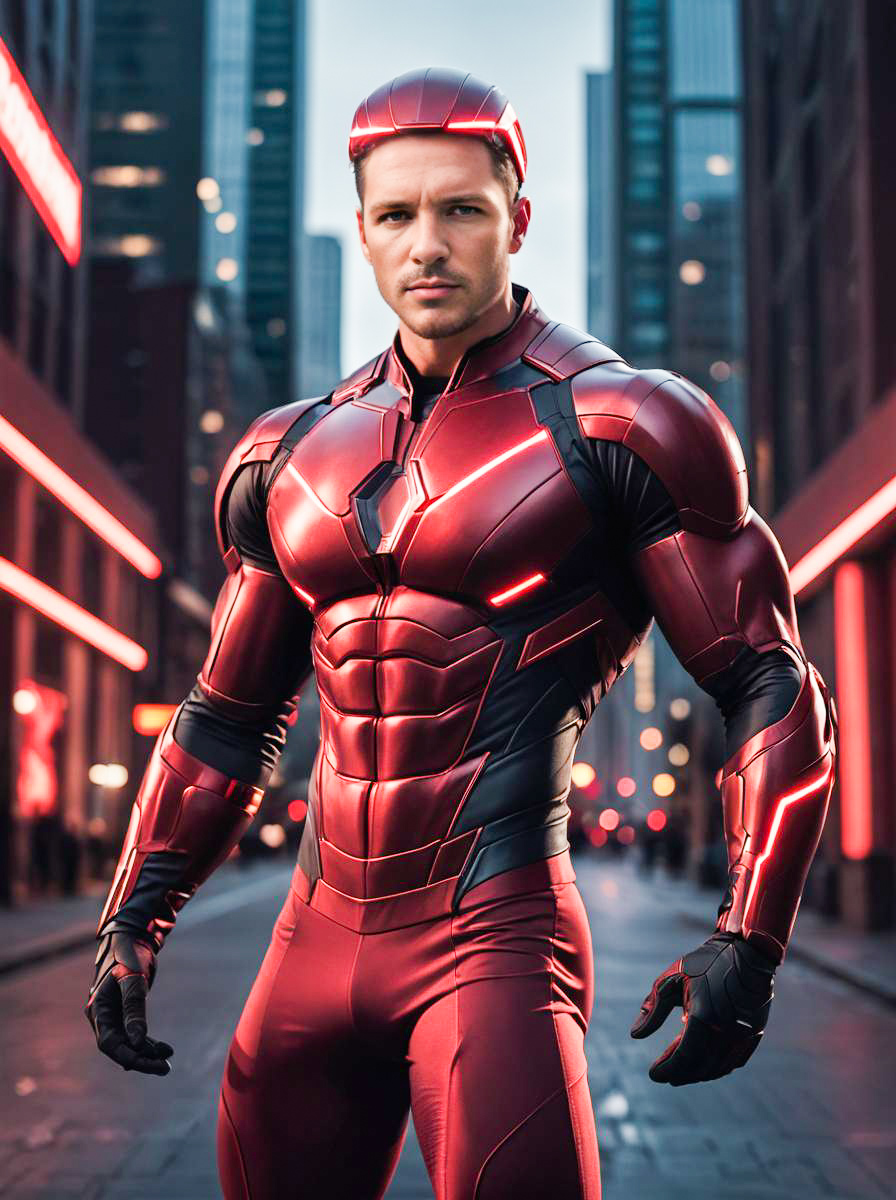 Futuristic Superhero in Red Suit