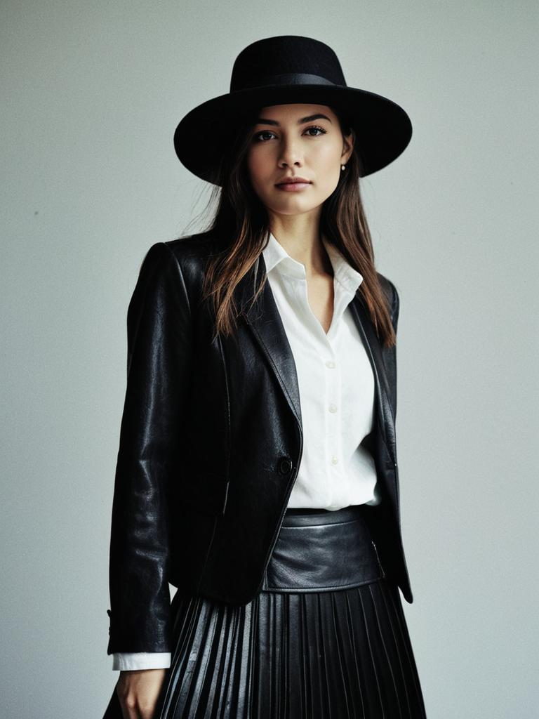 Woman in Black Leather Blazer and Pleated Skirt with Wide-Brimmed Hat