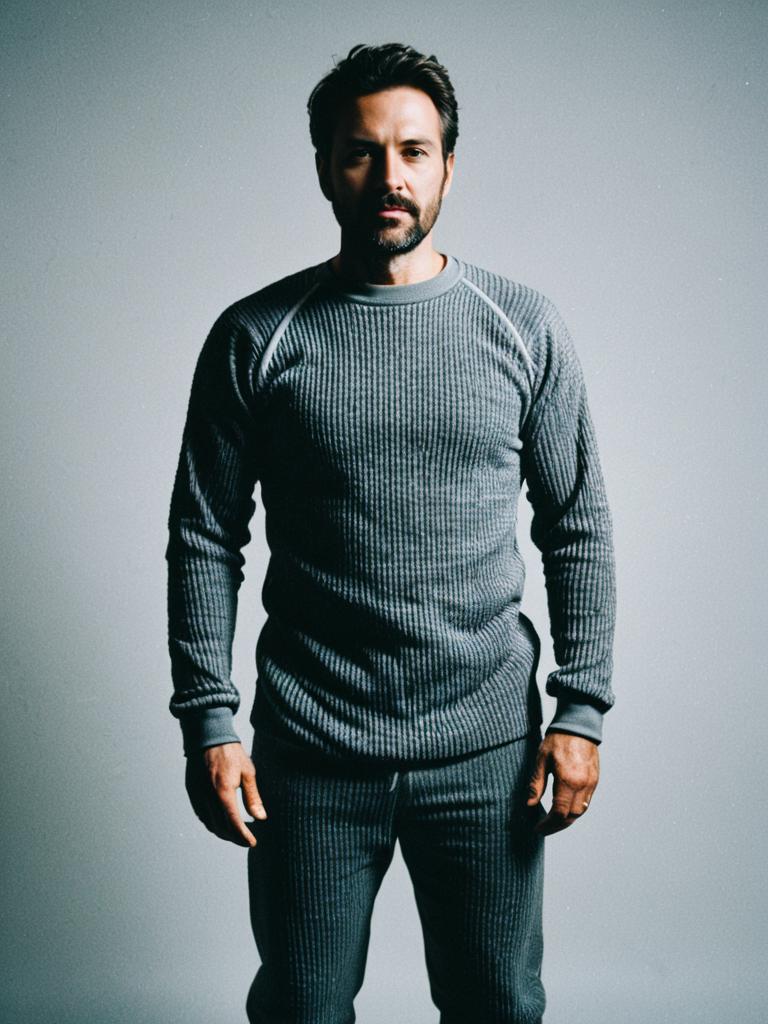 Man in Thermal Under Clothes Costume Photorealistic Editorial Portrait
