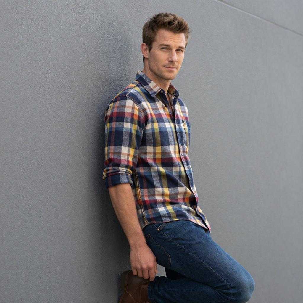 Casual Man Leaning on Wall Wearing Plaid Shirt and Jeans