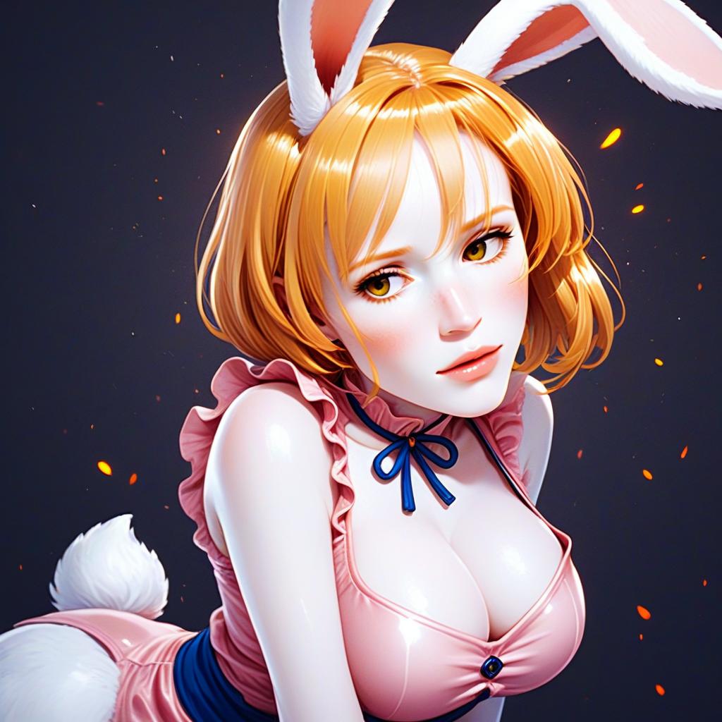 Anime Style Woman in Pink Bunny Costume with Orange Hair and Fluffy Tail
