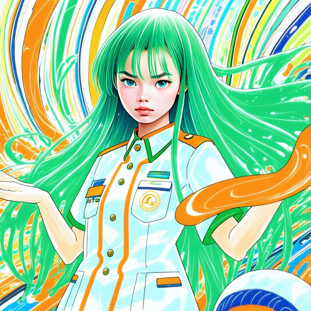 Anime Woman with Green Hair in Detailed Uniform Illustration