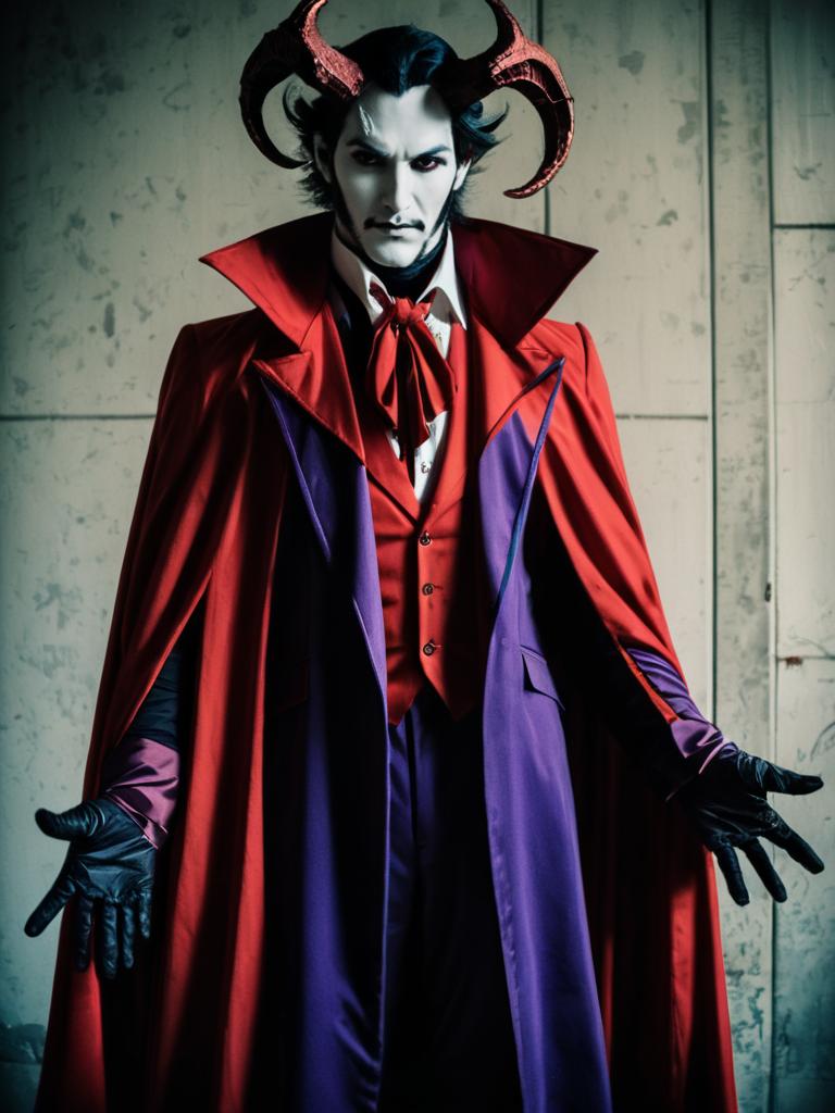 Realistic Mephisto Cosplay Costume Worn by Man with Horns and Red Purple Cloak
