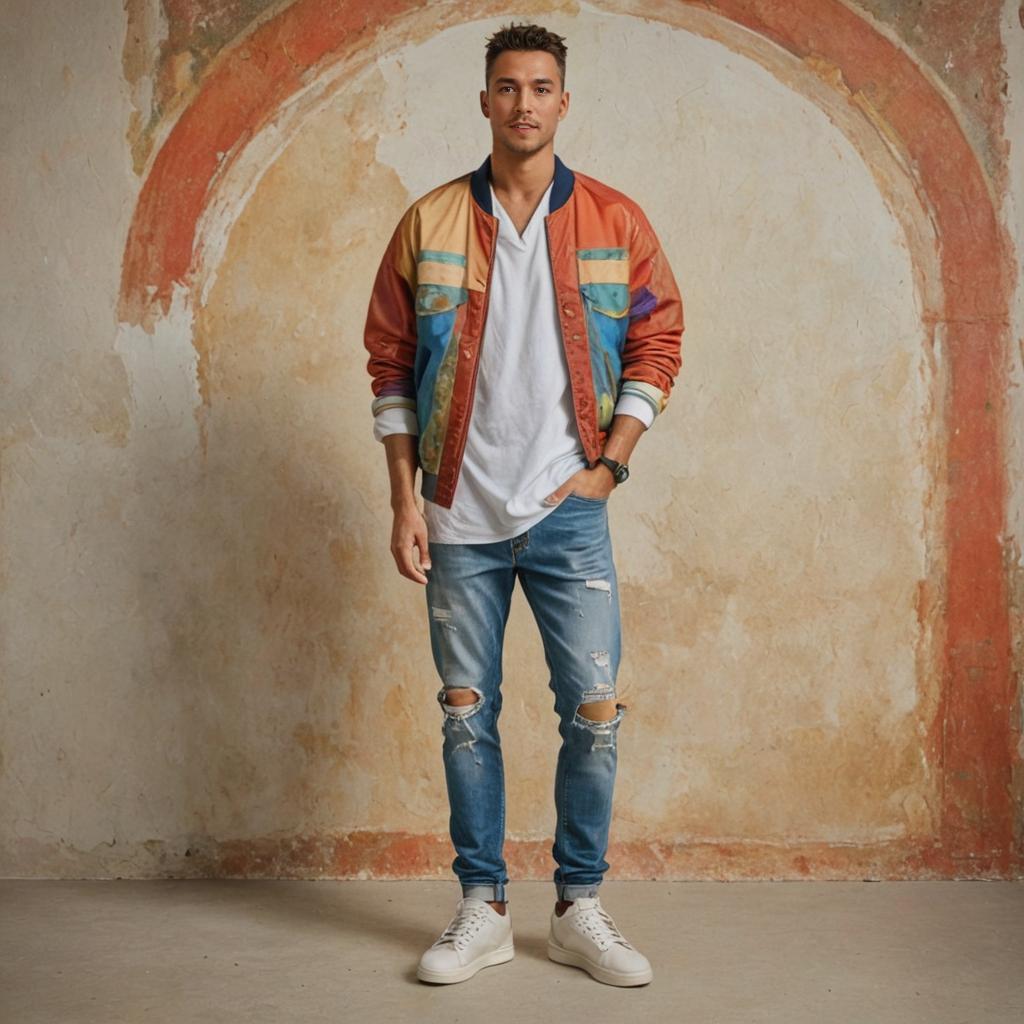 Man in Colorful Jacket Against Fresco Wall