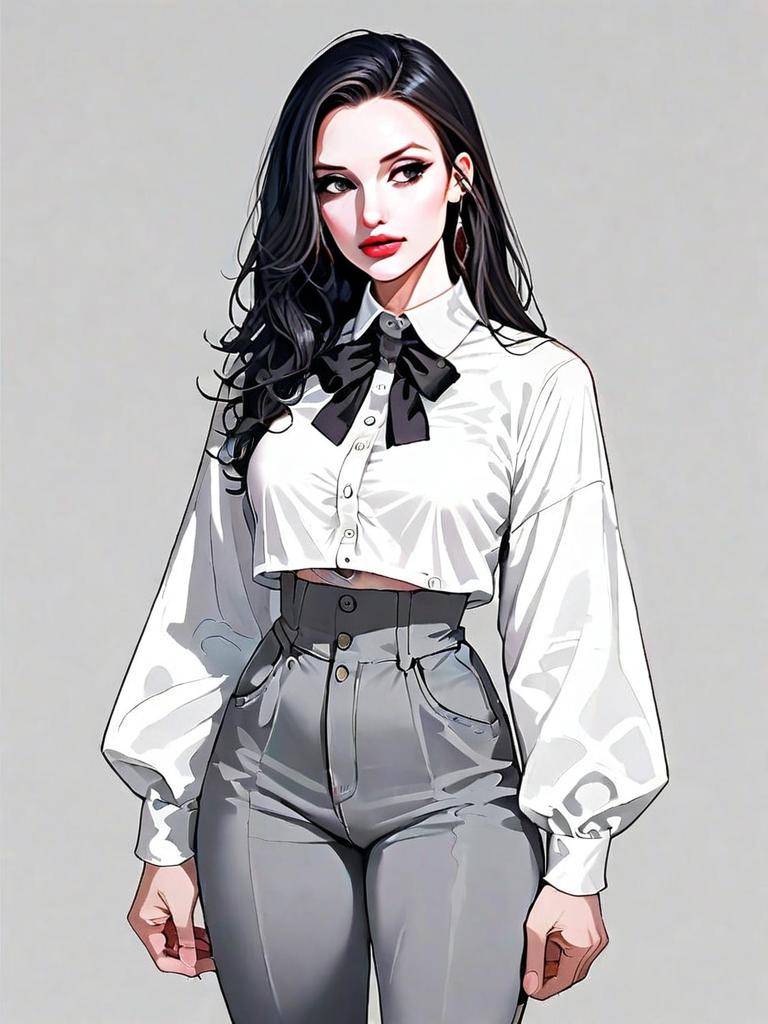 Stylish Woman in Modern Cropped Blouse and High-Waisted Pants - Realistic Comic Art