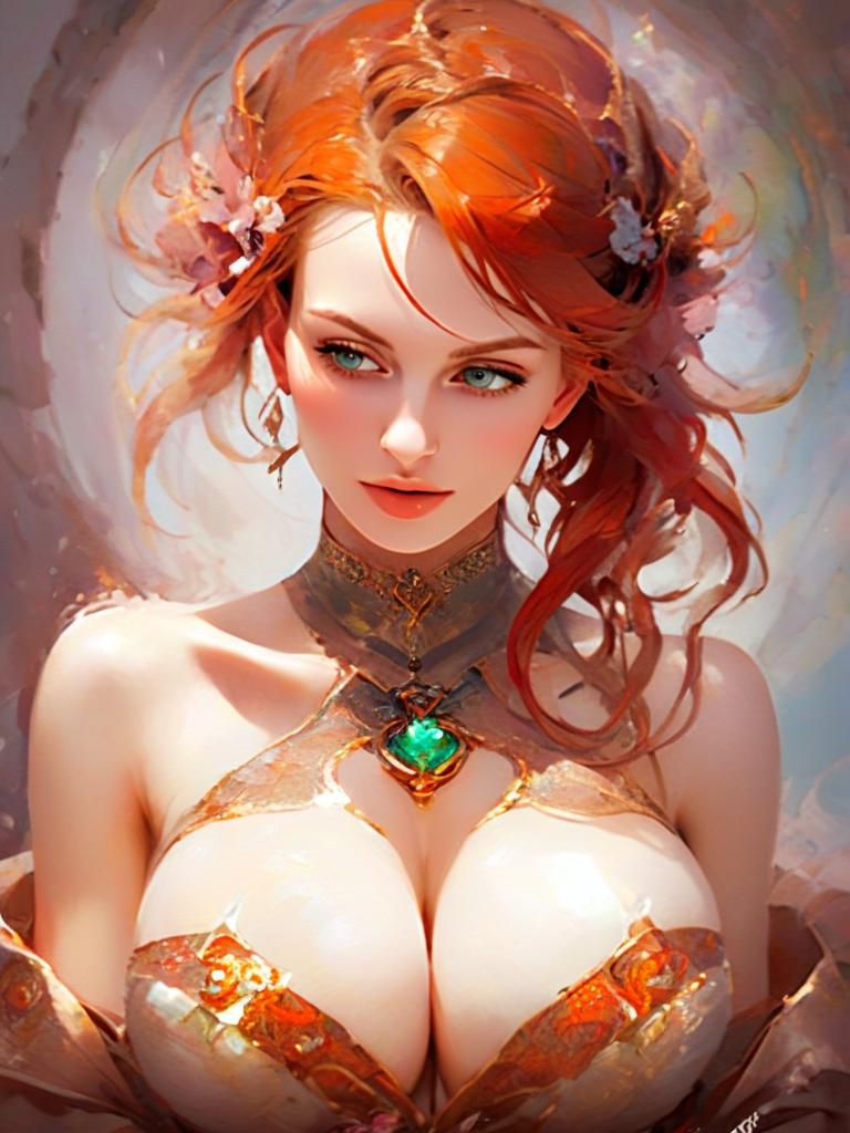 Fantasy Red-Haired Woman with Emerald Necklace Digital Art