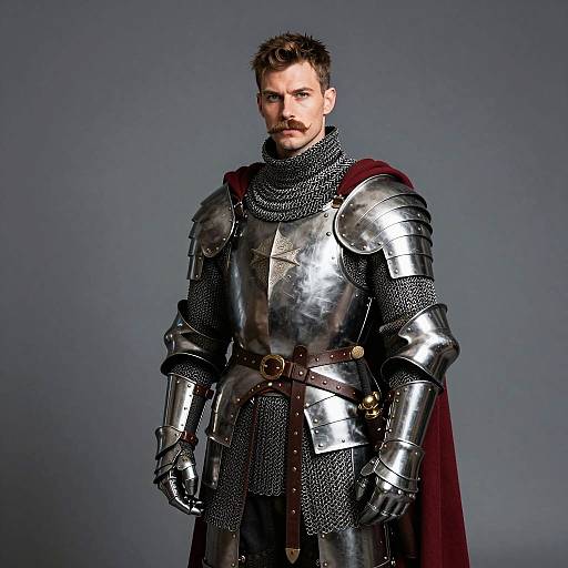 Medieval Knight in Full Armor with Chainmail and Red Cape