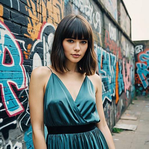 Portrait of Stylish Woman in Teal Dress Posing by Graffiti Wall Urban Fashion