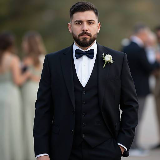 Man in Black Tuxedo with Bow Tie at Formal Outdoor Event