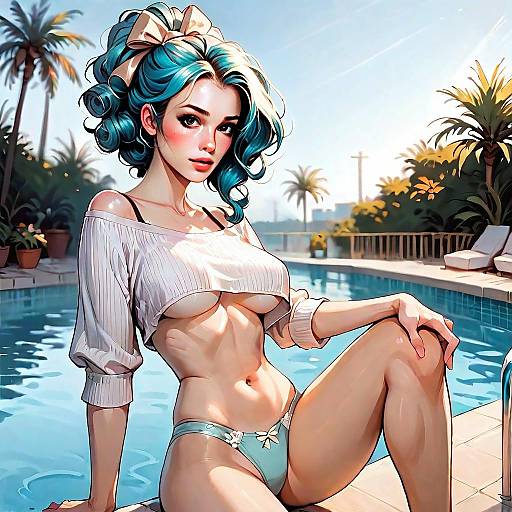 Digital Anime-Style Portrait of Woman with Blue Hair by Poolside