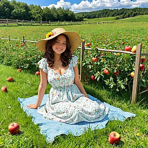 Cheerful Woman in Apple Orchard
