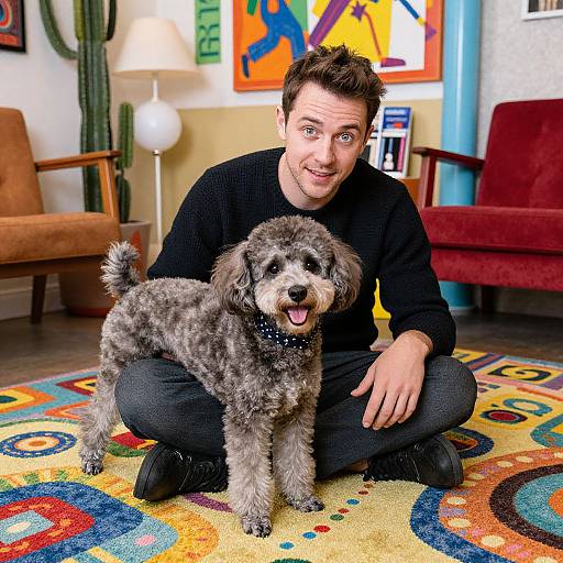 Man Sitting on Colorful Rug with Happy Dog in Cozy Living Room