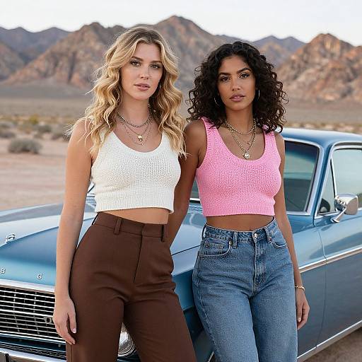 Fashionable Women in Knitted Crop Tops Posing by Classic Car in Desert