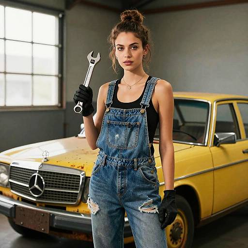 Young Woman Mechanic in Denim Overalls with Vintage Yellow Mercedes-Benz