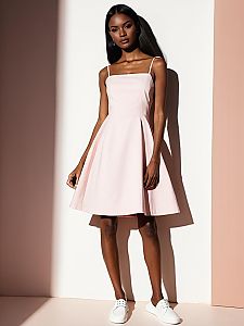 Stylish Woman in Soft Pink Sleeveless Dress Against Minimalistic Backdrop
