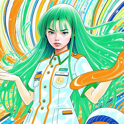Anime Woman with Green Hair in Detailed Uniform Illustration