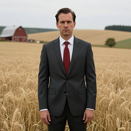Man in Suit Standing in Wheat Field with Barn in Background