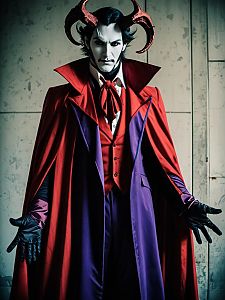 Realistic Mephisto Cosplay Costume Worn by Man with Horns and Red Purple Cloak