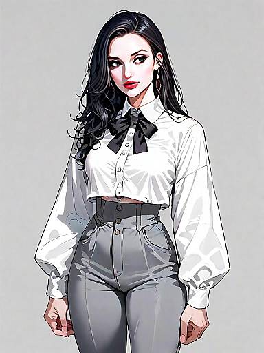 Stylish Woman in Modern Cropped Blouse and High-Waisted Pants - Realistic Comic Art