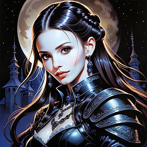 Fantasy Woman with Long Black Hair Under Full Moon