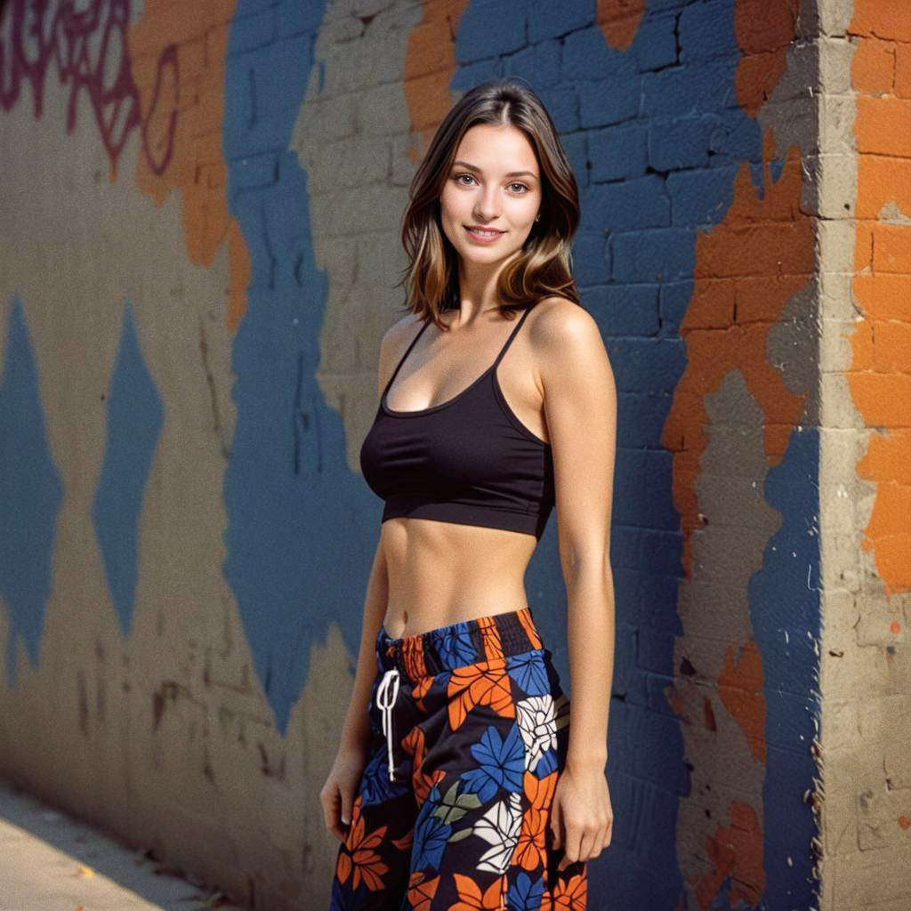 Confident Young Woman in Stylish Outfit Against Graffiti Wall