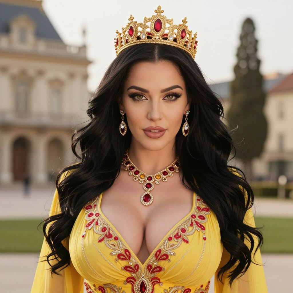 Elegant Woman in Yellow Royal Gown with Crown and Jewelry