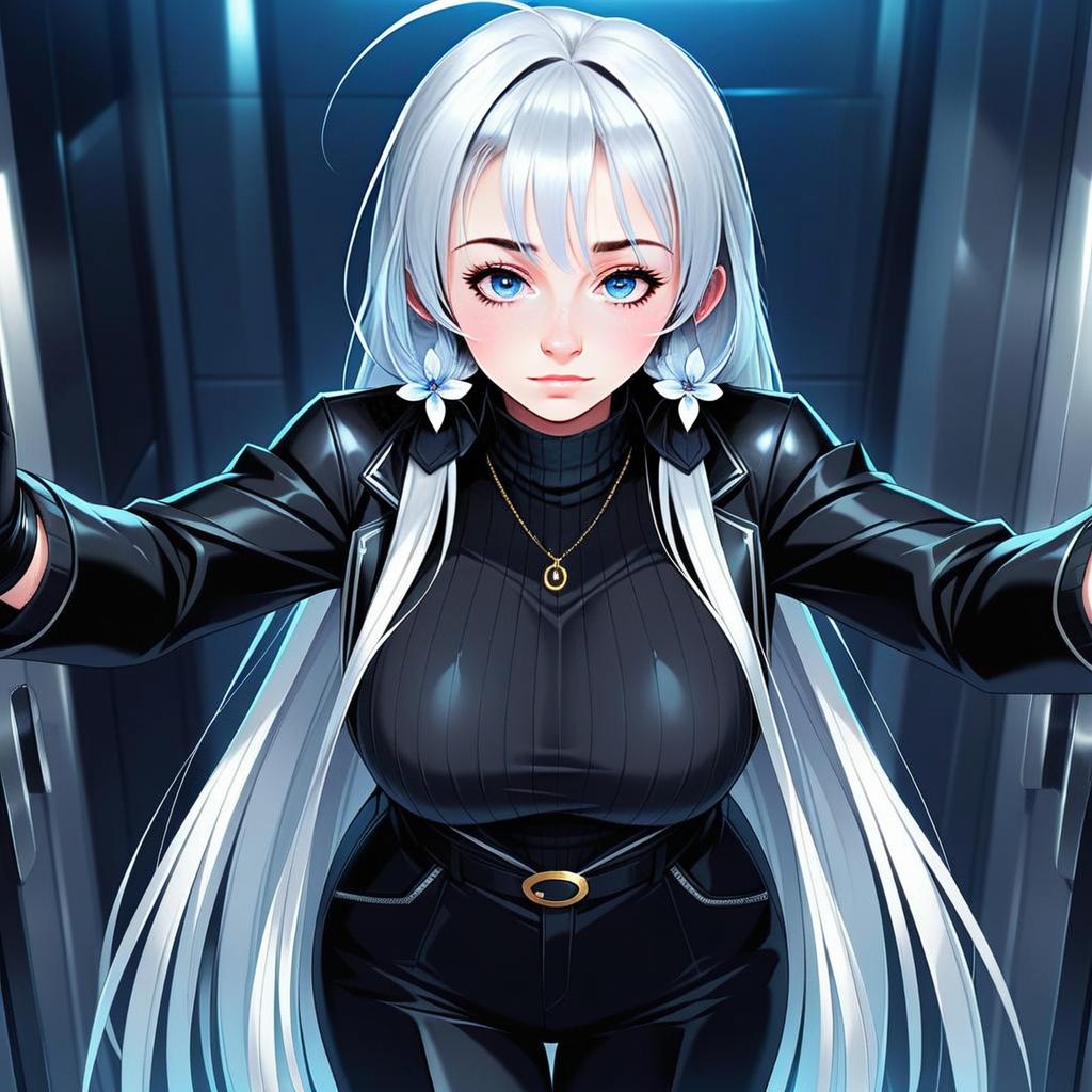 Anime Woman with Silver Hair and Blue Eyes in Futuristic Outfit