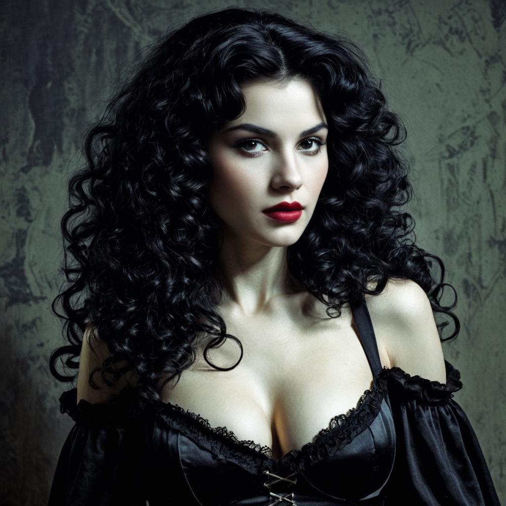 Elegant Woman with Curly Black Hair in Gothic-Inspired Black Dress