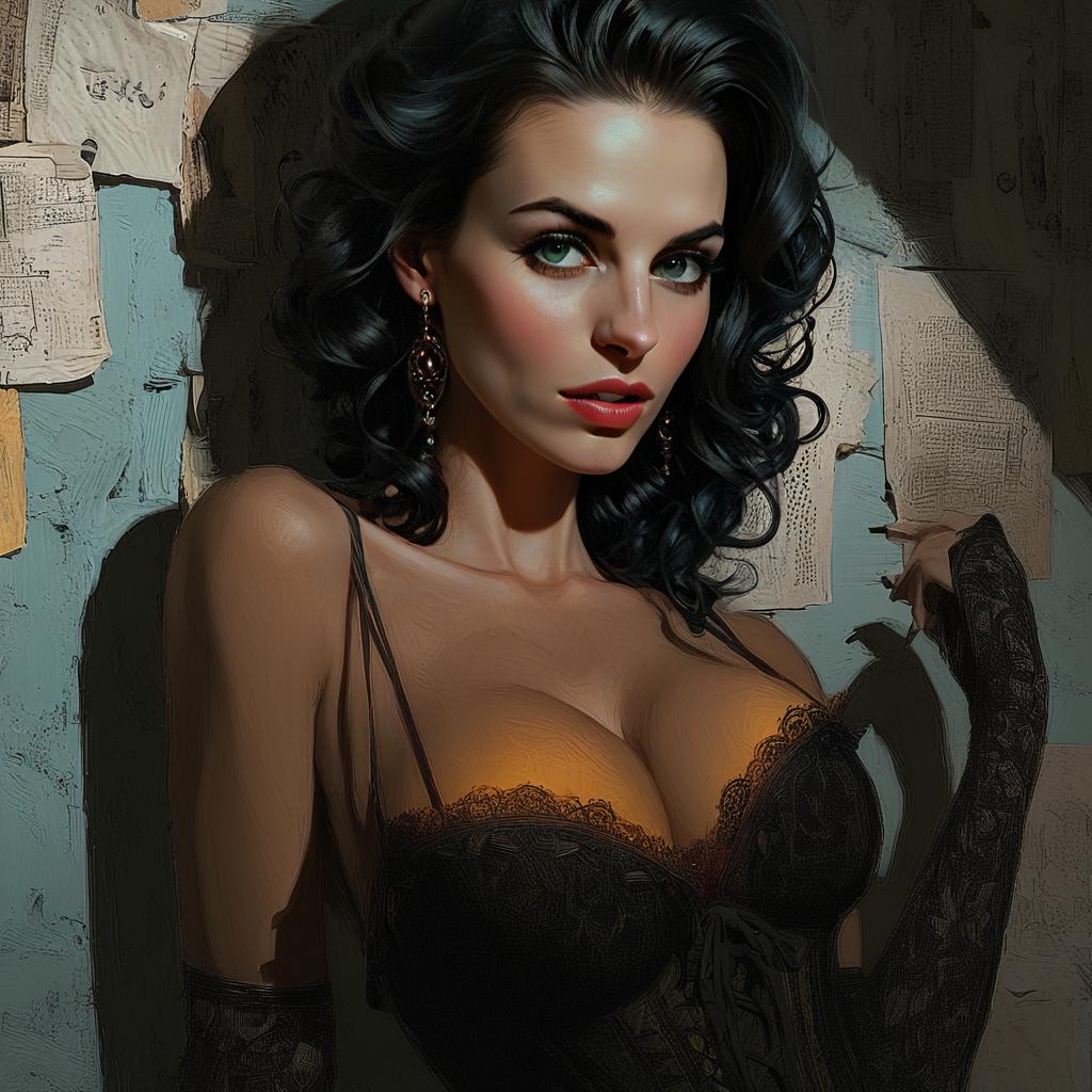 Stylized Digital Portrait of Woman in Black Lace Lingerie