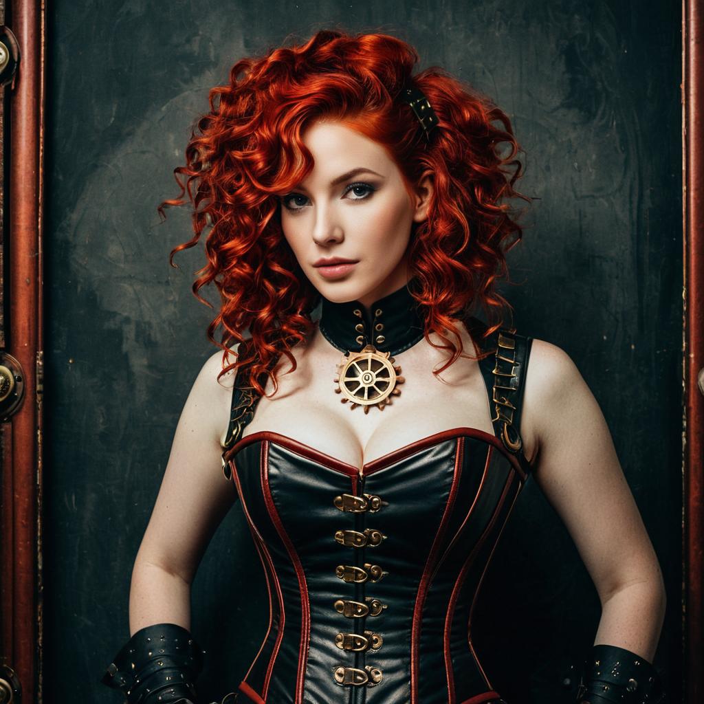 Steampunk Woman with Red Curly Hair in Leather Corset