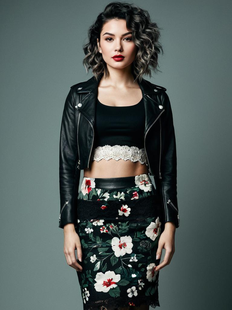 Fashionable Woman in Black Leather Jacket and Floral Skirt
