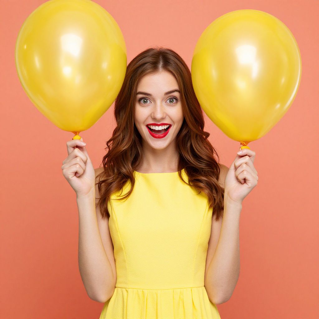 Cheerful Woman Holding Yellow Balloons in Bright Yellow Dress
