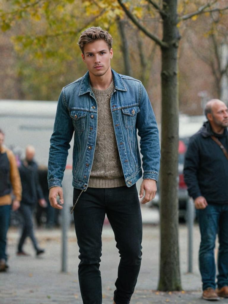 Young man in stylish denim jacket walking in urban park