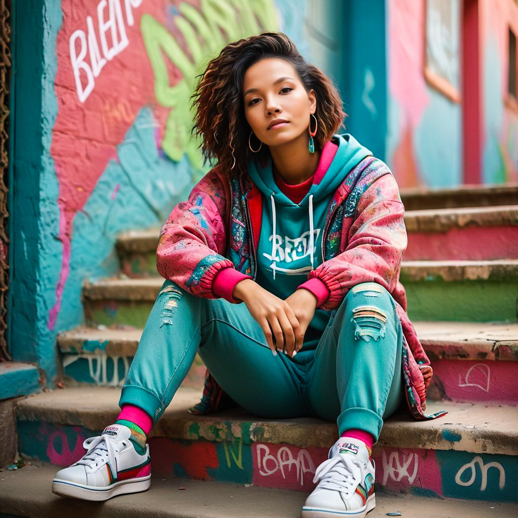 Confident Young Woman in Colorful Streetwear on Graffiti Stairs Confident Young Woman in Colorful Streetwear on Graffiti Stairs
