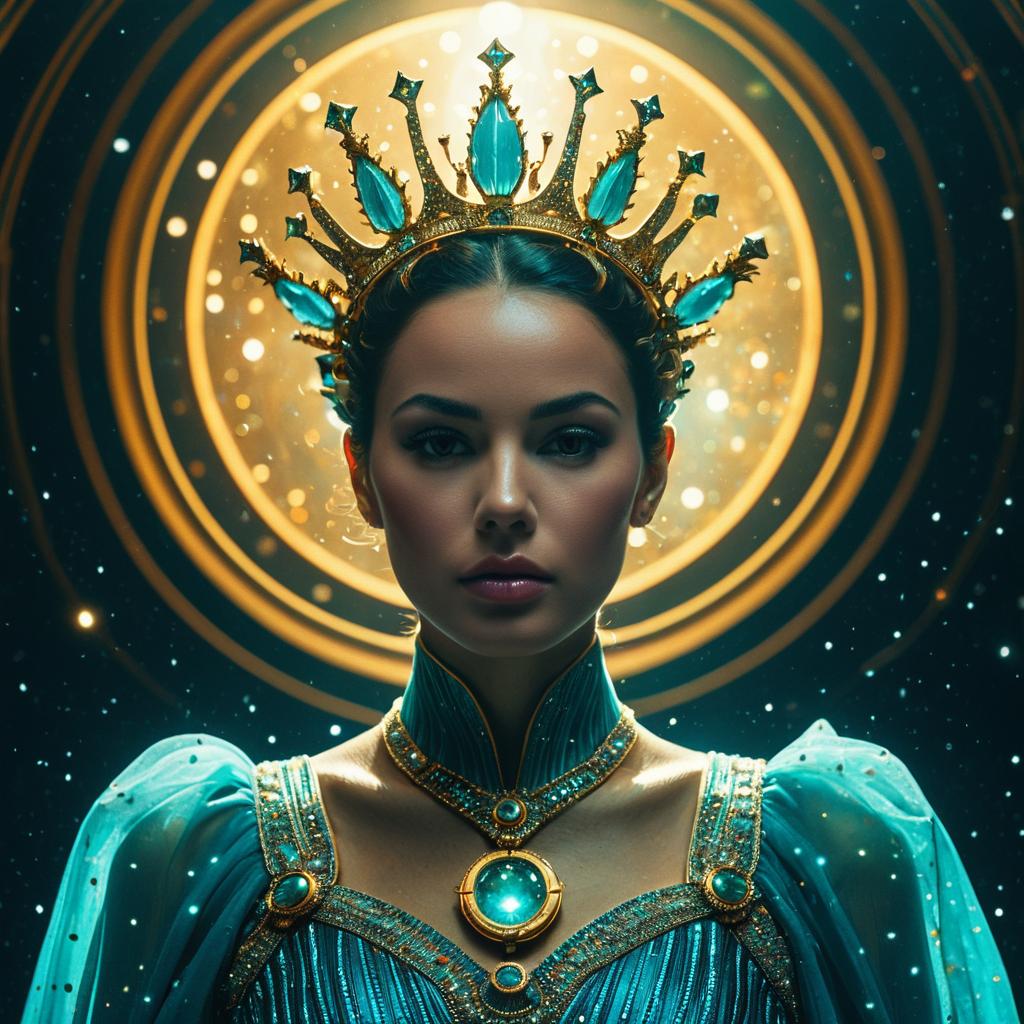 Regal Woman in Ornate Crown and Teal Gown with Celestial Glow