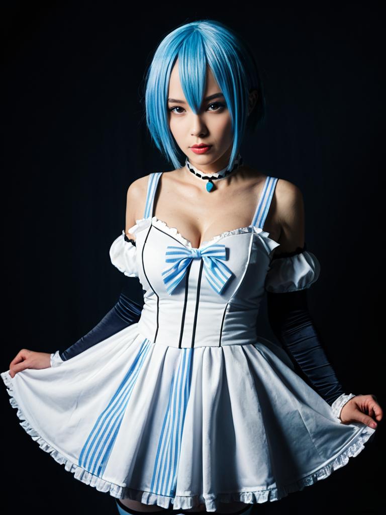 Sexy Cosplay Woman Wearing Realistic Rem Costume with Blue Wig