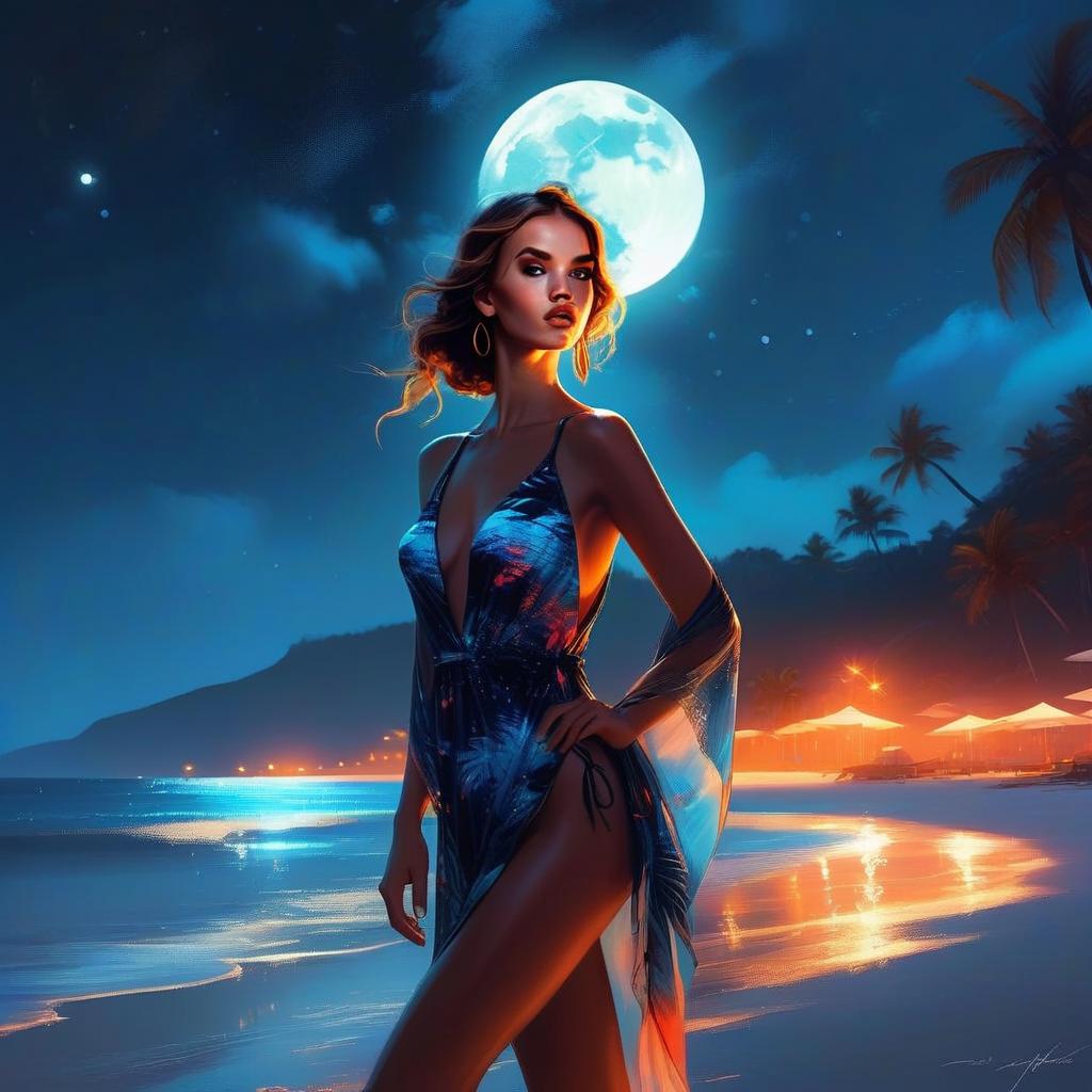 Confident Woman on Moonlit Beach