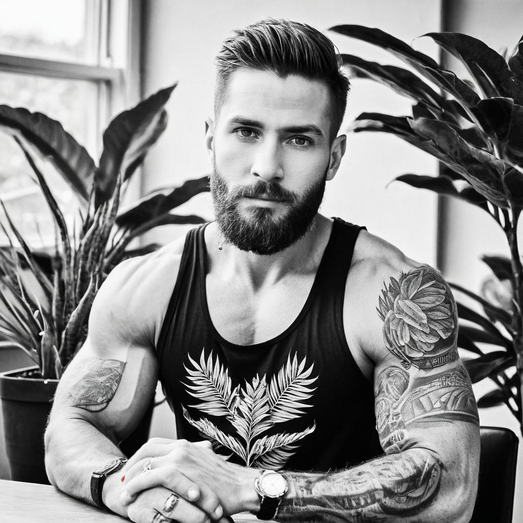 Bearded Man with Tattoos in Botanical Tank Top