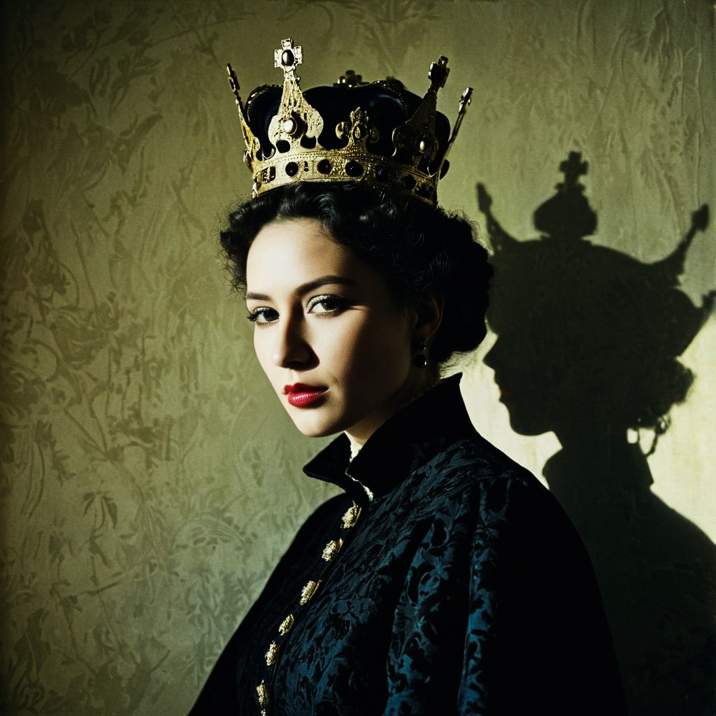 Regal Woman in Velvet with Golden Crown