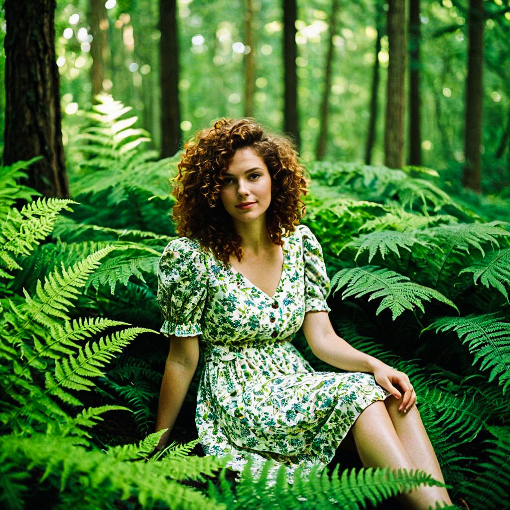Woman in Floral Dress Among Ferns Woman in Floral Dress Among Ferns