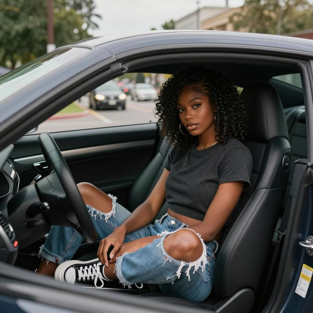 Young Woman in Casual Outfit Sitting in Modern Car Driver's Seat