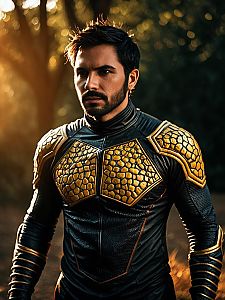 Man Cosplay Wearing Rash Costume with Realistic Armor Detailing