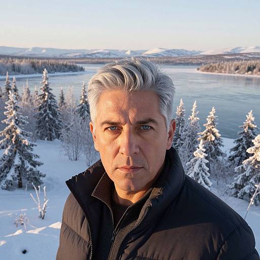 Middle-Aged Man in Winter Landscape with Snow and River