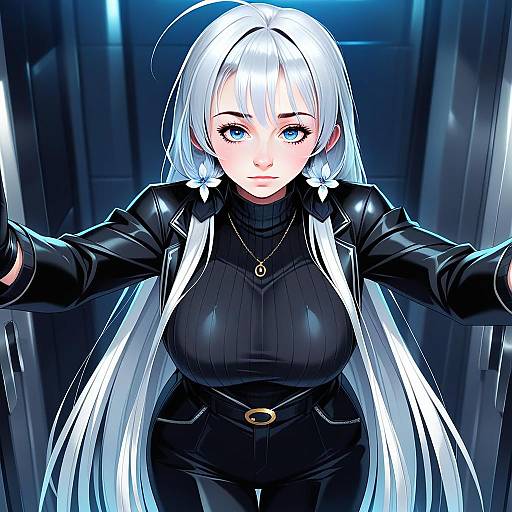 Anime Woman with Silver Hair and Blue Eyes in Futuristic Outfit